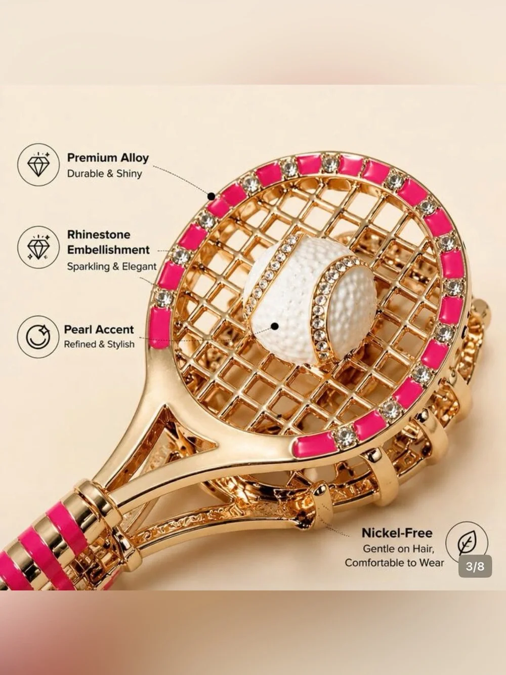 Pickleball Hair Claw Clip Barrette gold metal tennis racket jewerly ball gift